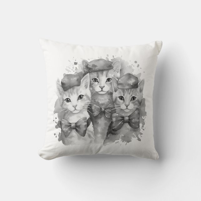 Svart och vit kattungar med knärör och hattar kudde (Framsida)