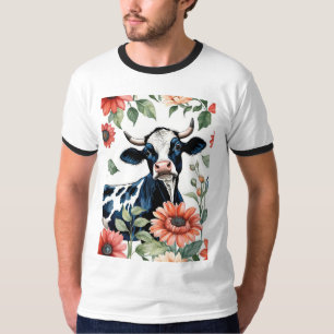 Svart Och Vit Ko Med Orange Blommor T Shirt