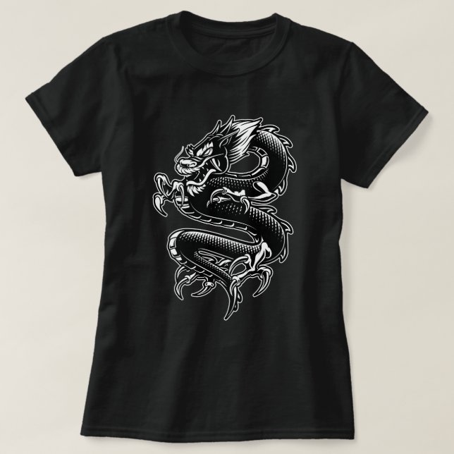 Svart och vit kokt drake t shirt (Design framsida)