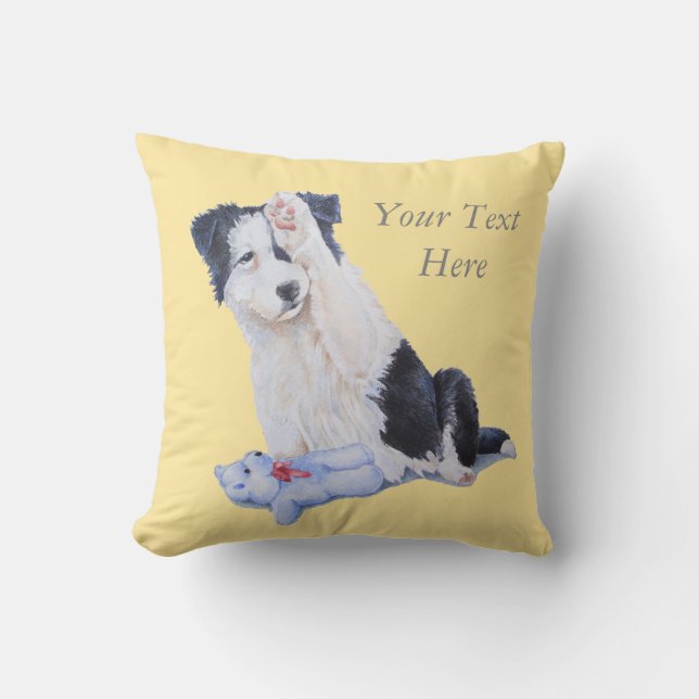 svart och vit kollig valp i gräns, söt hund kudde (Framsida)