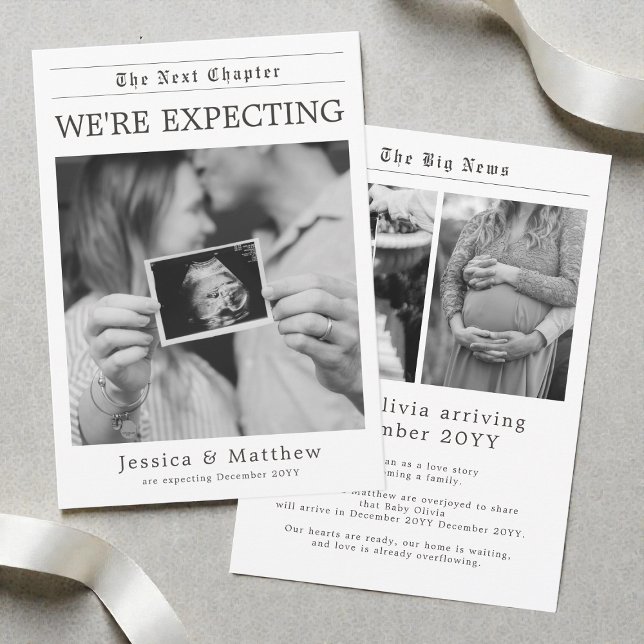 Svart och Vit Könsneutral Tidning Graviditet Meddelande (Black and White Gender Neutral Newspaper Pregnancy Announcement)