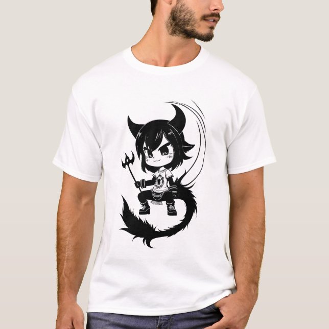Svart och vit konst, ung flicka i Djävulen | AI Ar T Shirt (Framsida)