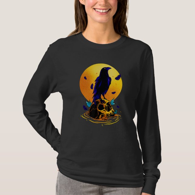 Svart och vit Kråka Skull Emo Punk Gothic B T Shirt (Framsida)