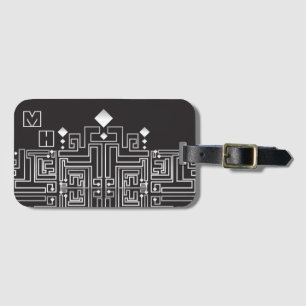 Svart och vit labyrintmönster med monogram bagagebricka