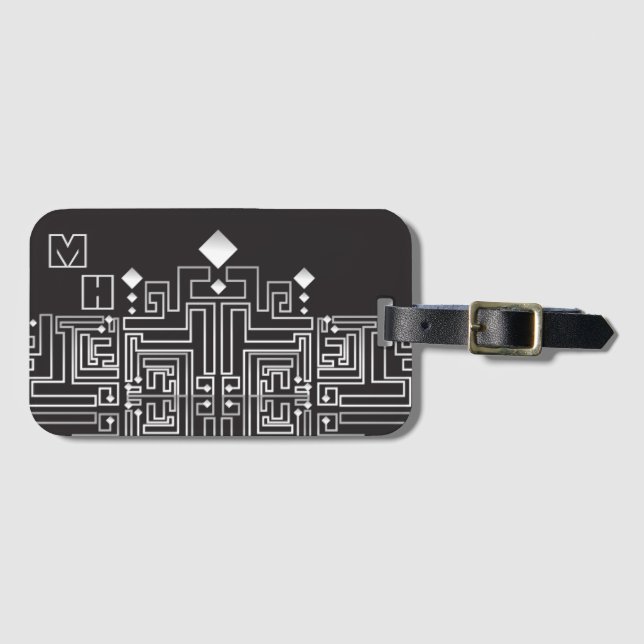 Svart och vit labyrintmönster med monogram bagagebricka (Framsida horisontal)