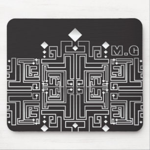 Svart och vit labyrintmönster med monogram musmatta