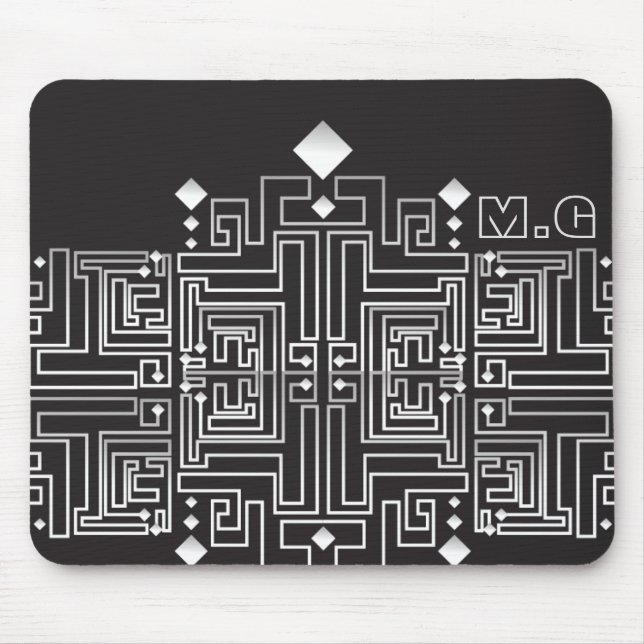 Svart och vit labyrintmönster med monogram musmatta (Framsidan)