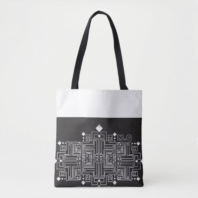 Svart och vit labyrintmönster med monogram tygkasse (Framsida)