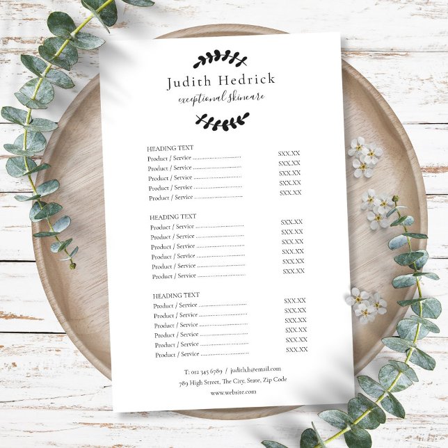 Svart och vit lagerbärsservice Meny Prislista (Black and White Laurel Service Menu Price List Flyer)