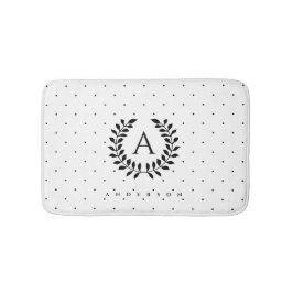 Svart och vit lagerkrans monogram prickmönster badrumsmatta