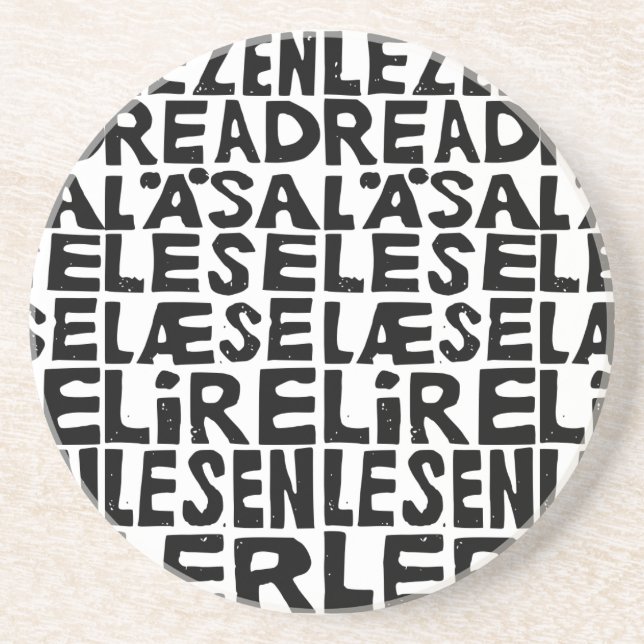 Svart och vit "Läs" på 8 språk Lino-klipp Underlägg (Framsidan)