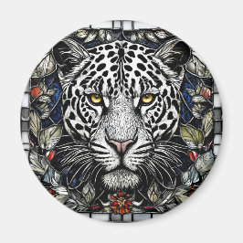 Svart och vit leopard omgiven av blommor magnet