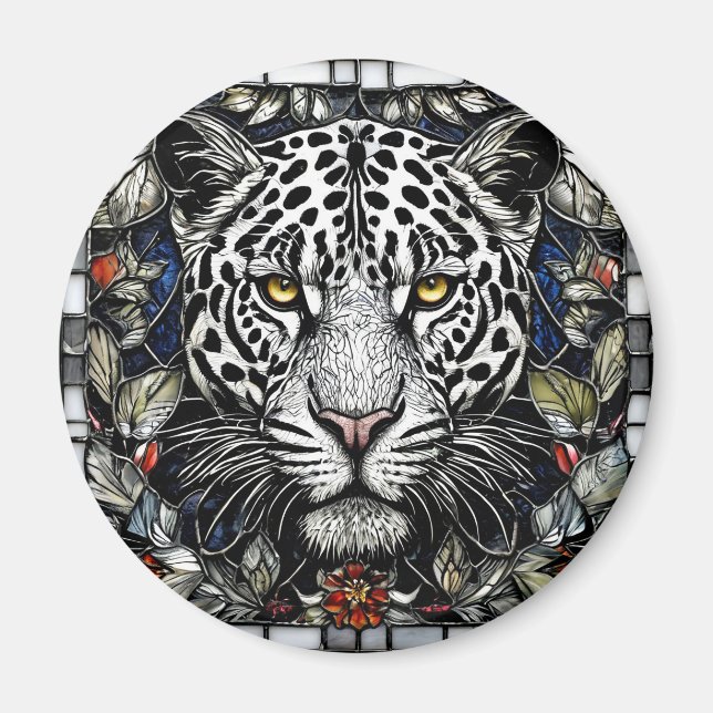 Svart och vit leopard omgiven av blommor magnet (Framsidan)