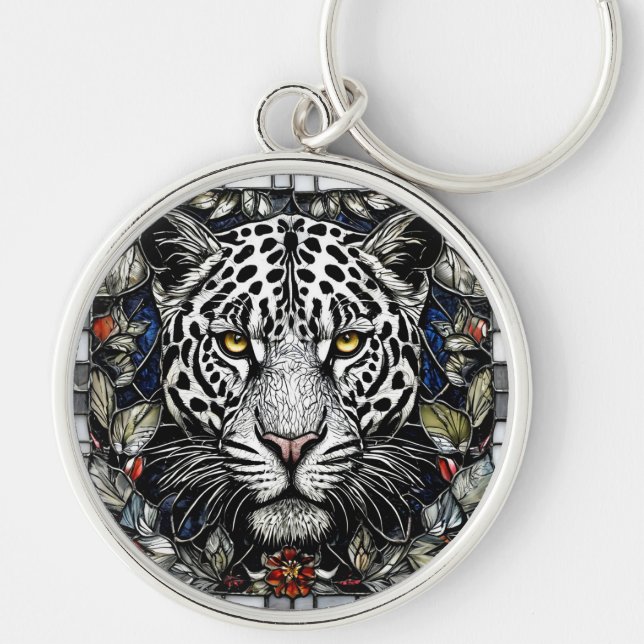 Svart och vit leopard omgiven av blommor rund silverfärgad nyckelring (Framsidan)