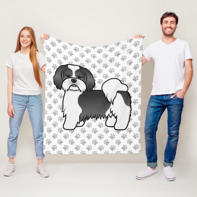 Svart Och Vit Lhasa Apso Söt Tecknad Hund Fleecefilt (På plats)