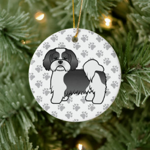 Svart Och Vit Lhasa Apso Söt Tecknad Hund Julgransprydnad Keramik