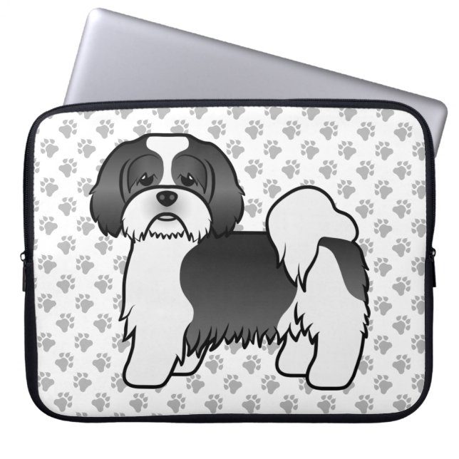 Svart Och Vit Lhasa Apso Söt Tecknad Hund Laptop Fodral (Framsidan)