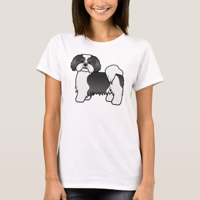 Svart Och Vit Lhasa Apso Söt Tecknad Hund T Shirt (Framsida)