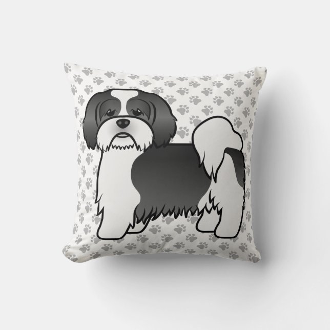 Svart Och Vit Lhasa Apso Tecknad Hund & Tassar Kudde (Framsida)