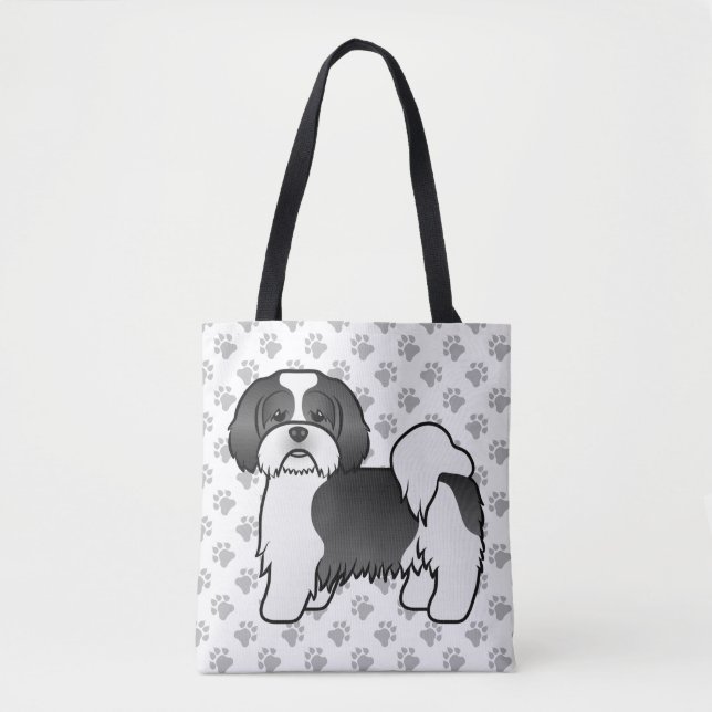 Svart Och Vit Lhasa Apso Tecknad Hund & Tassar Tygkasse (Framsida)