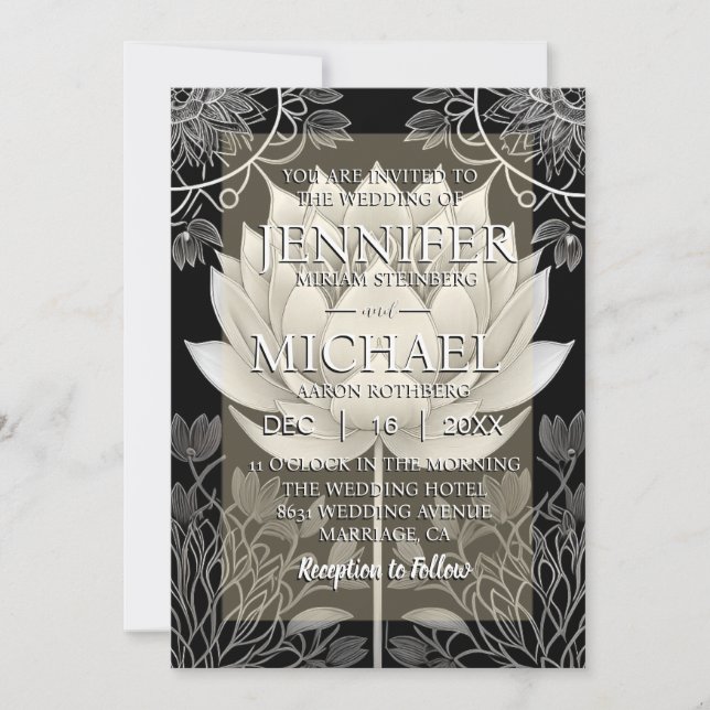 Svart och vit Lotus Wedding-inbjudningar Inbjudningar (Framsida)