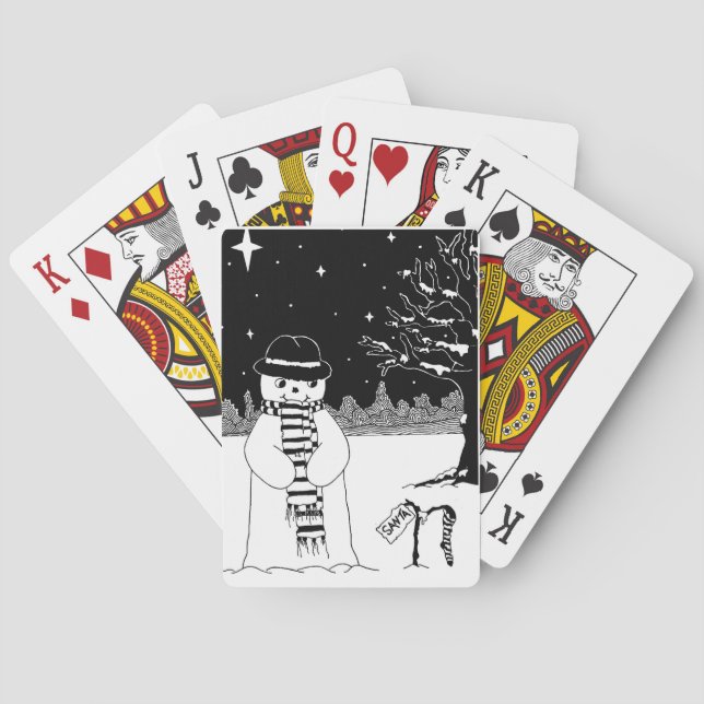 Svart och vit målning av söt snögubbe-jul casinokort (Baksidan)