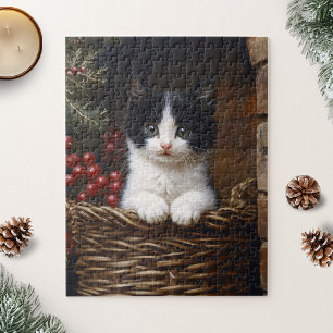 Svart och vit målning av Tuxedo-cat-vinter-scen Pussel