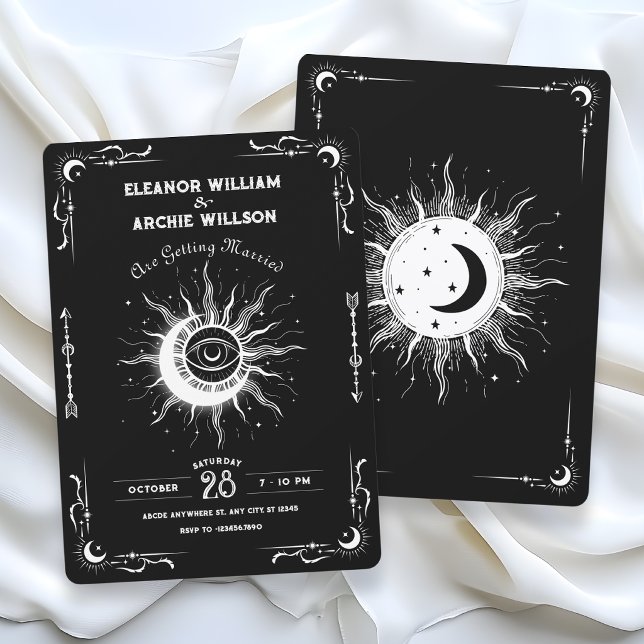 Svart och vit mån sol tarot himmelsk bröllop inbjudningar (Skapare uppladdad)