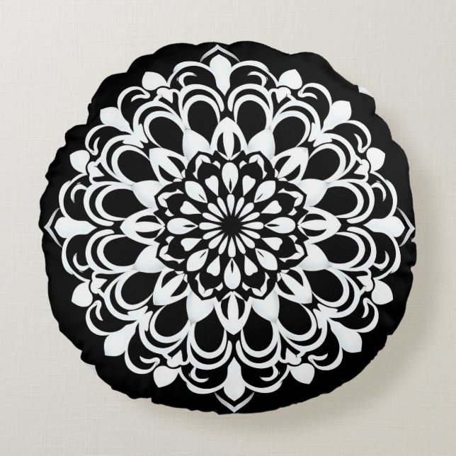Svart och vit mandala-design rund kudde (Framsidan)