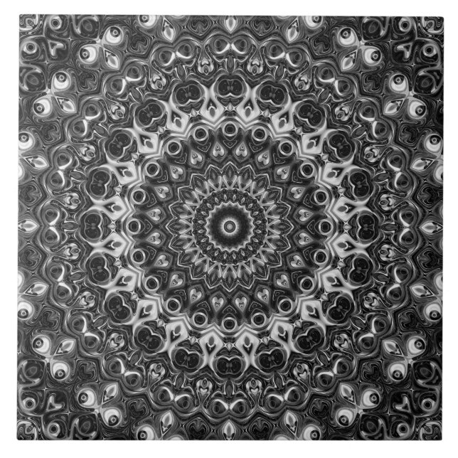 Svart och vit mandala geometrisk design kakelplatta (Framsidan)