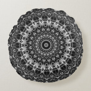 Svart och Vit Mandala Geometrisk Design Rund Kudde