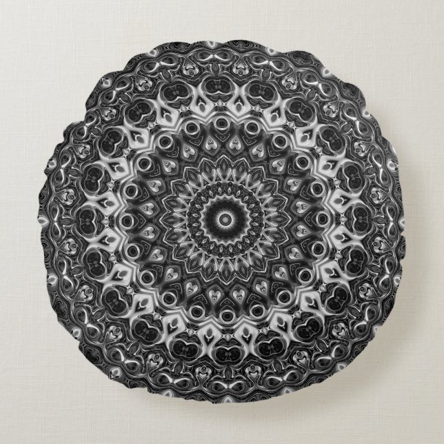 Svart och Vit Mandala Geometrisk Design Rund Kudde (Framsidan)