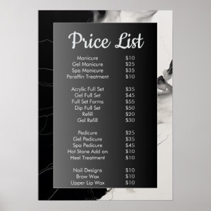 Svart och vit marble Nail Salon Pris List-meny Poster