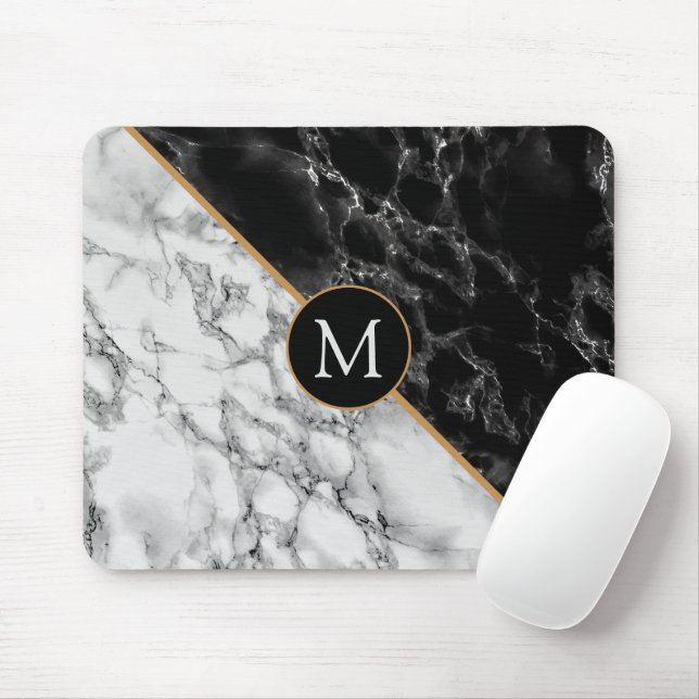 Svart och vit marmor av monogram musslor musmatta (Med mus)