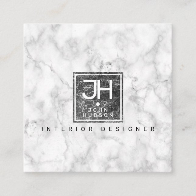 Svart och vit marmor design modern monogram affärs fyrkantigt visitkort (Framsida)