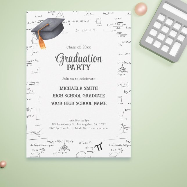 Svart och vit matematikstudentexamen på gymnasiet inbjudningar (Black and White High School Math Graduation Invitation)