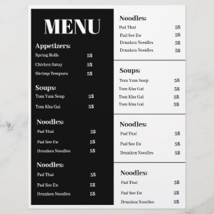 Svart och vit menydesign, enkel menydesign reklamblad
