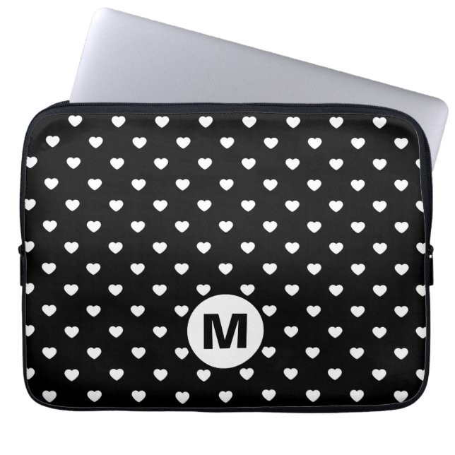 Svart och vit Mini Hearts Mönster Monogram Laptop Fodral (Framsidan)