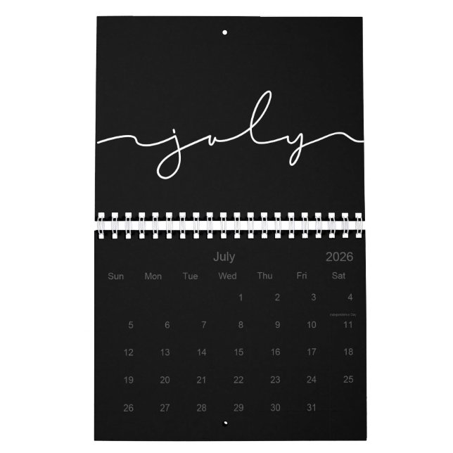 Svart och vit minimalist 2026 kalender (Jul 2026)