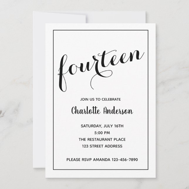 Svart och vit, minimalistisk 14:e födelsedagsinbju inbjudningar (Framsida)