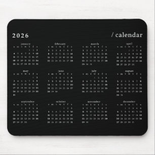Svart och vit minimalistisk 2026-kalender musmatta
