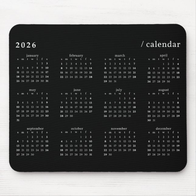 Svart och vit minimalistisk 2026-kalender musmatta (Framsidan)