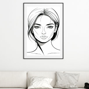 Svart och vit minimalistisk kvinna linjekonstaffis poster