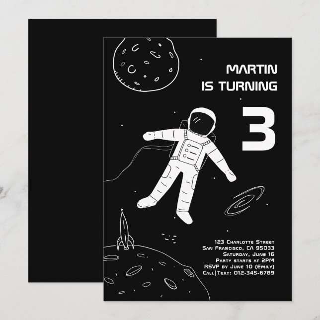 Svart och Vit modern astronaut - födelsedag Inbjudningar (Fram/baksida)