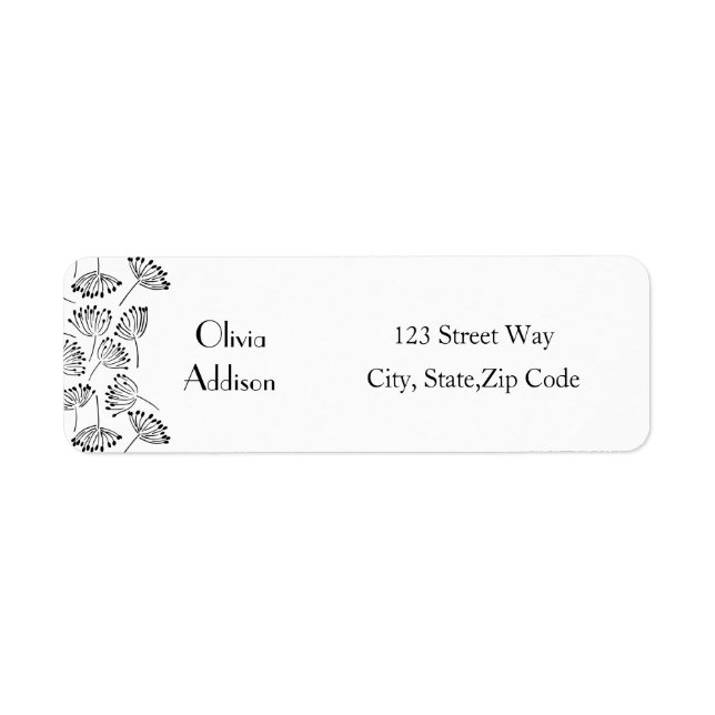 Svart och vit modern Blommigt Dandelion enkel Returadress Etikett (Framsidan)