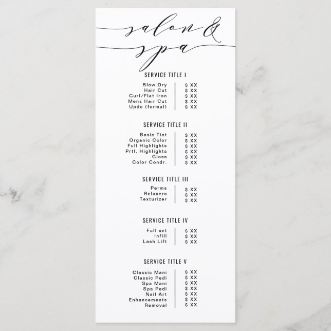 Svart och vit Modern Calligraphy Salon Spa Pris Meny (Framsida)