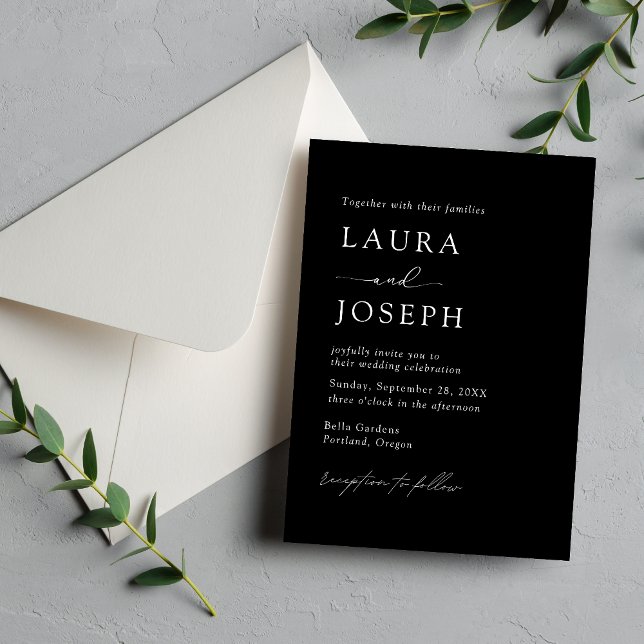 Svart och Vit Modern Elegans Bröllop Inbjudningar (Black and white modern elegance wedding invitation blends clean style with your personalized details)