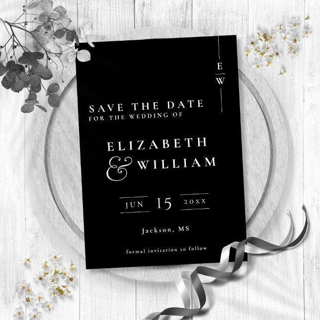 Svart och vit modern elegant monogram bröllop spara datumet (Black And White Modern Elegant Monogram Wedding Save The Date)