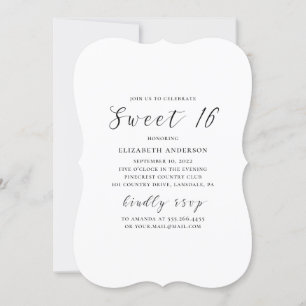 Svart och vit modern enkel kalligrafi Sweet 16 Inbjudningar