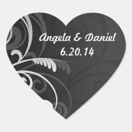 Svart och vit modern Flora Spara datum Bröllop Hjärtformat Klistermärke